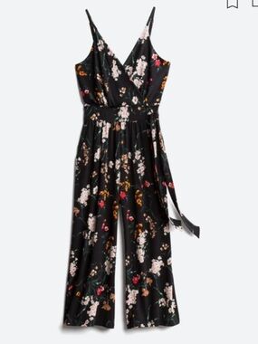 Kaileigh Black Floral Surplice Wide-Leg Jumpsuit with Tie. XL